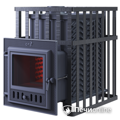 Дровяная банная печь Гефест ЗК в сетке-18 (М) чугунная дверца со стеклом, запатентованная каменка сетка в Ирбите
